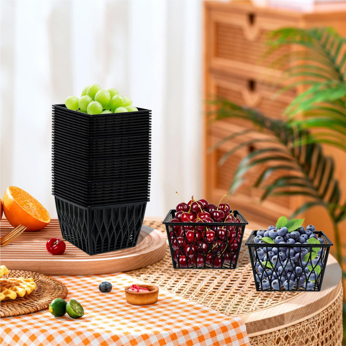 50 Pcs Basket Berry Plastik Hitam, 4 Inch Kotak Buah Berry