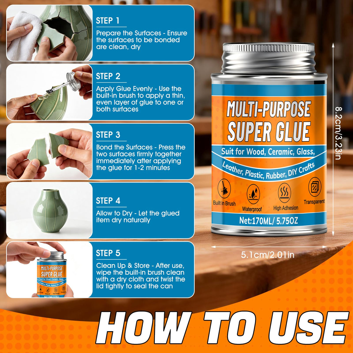 LinkMejor 170ml Super Glue with Brush, ยางยืดพิเศษที่ทนน้ำ ฟอร์มูล์ที่แข็งแรงมาก