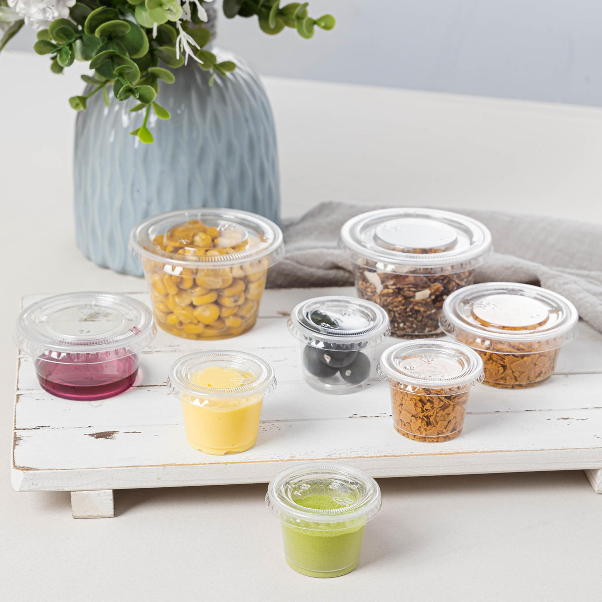 LinkMejor 300PACK 1oz Plastic Portion Cups met doppen, Condiment, Jello Shot Cup