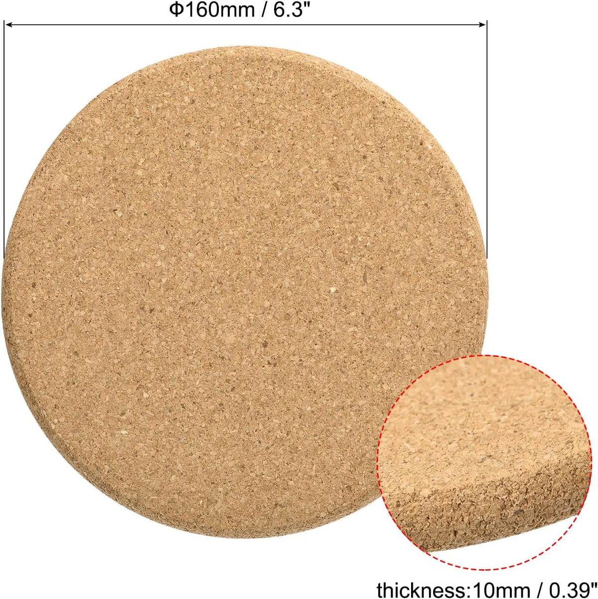 160mm(6.3") Round Coasters 10mm Thick Cork Cup Mat Pad Round Edge 2pcs