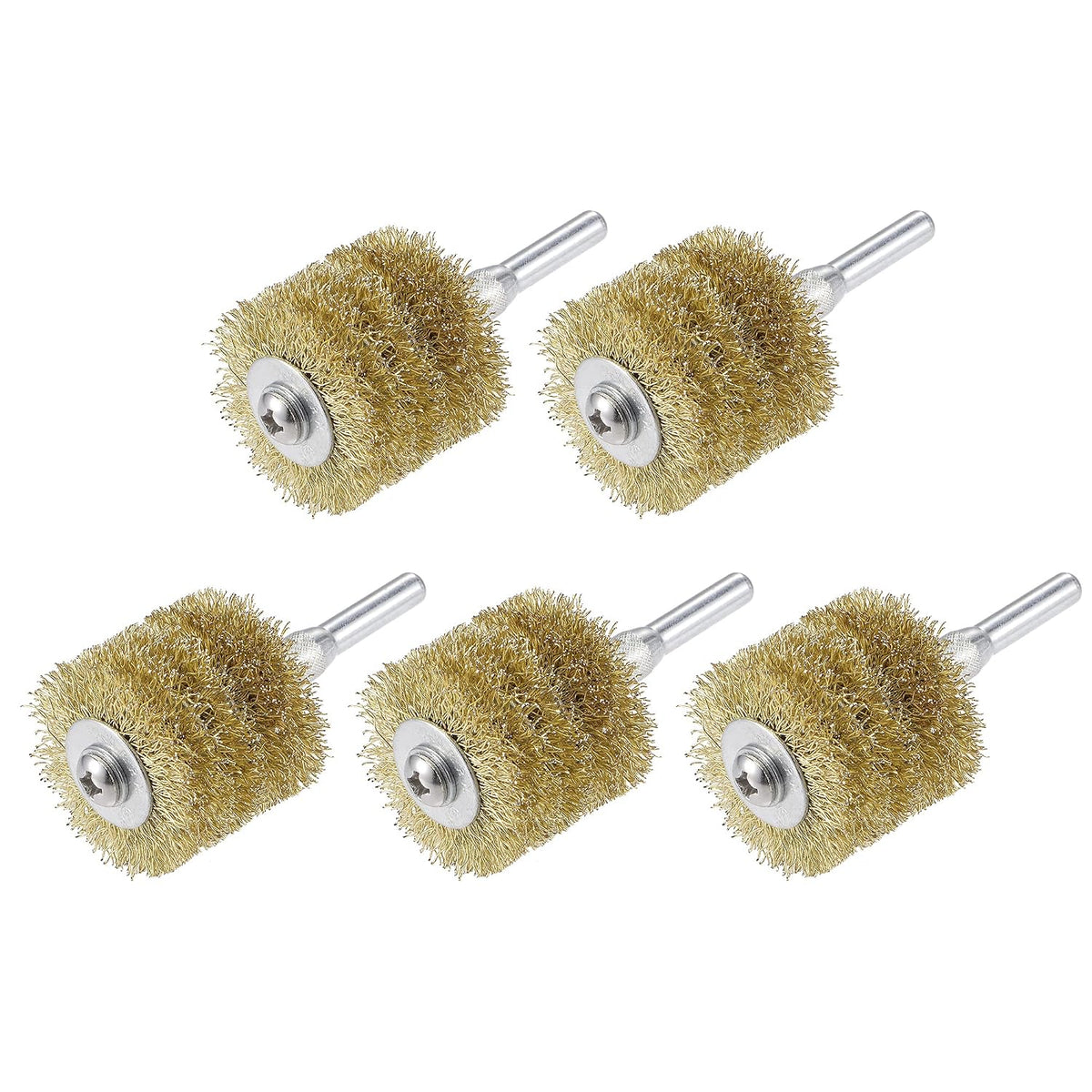 Wire Wheel Brush, 1.57" x 1.34" Stainless Steel Brass Plated Coarse Crimped Wire 0.012" with 1/4" (6mm) Round Shank for Cleaning Rust Stripping Abrasive 5pcs