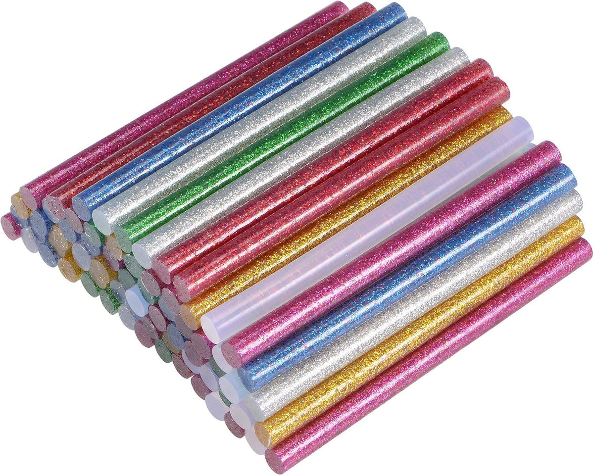 LinkMejor 70pcs Clear Mini Hot Glue Gun Sticks 4-inch x 0.27-inch for Glue Guns, Glitter Red/Silver/Green/Golden/Blue/Rose Red, 7 Colors