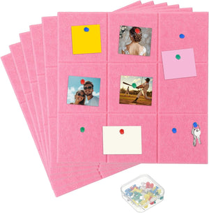 12" x 12" Suuri Korkilevy Felttipaneeli, 6-kpl Ilmoitustaulu 20 Push Pin -kannella, Itsekiinnityslevy Korkilevy Tiled for Home Office Photos, Pink Red