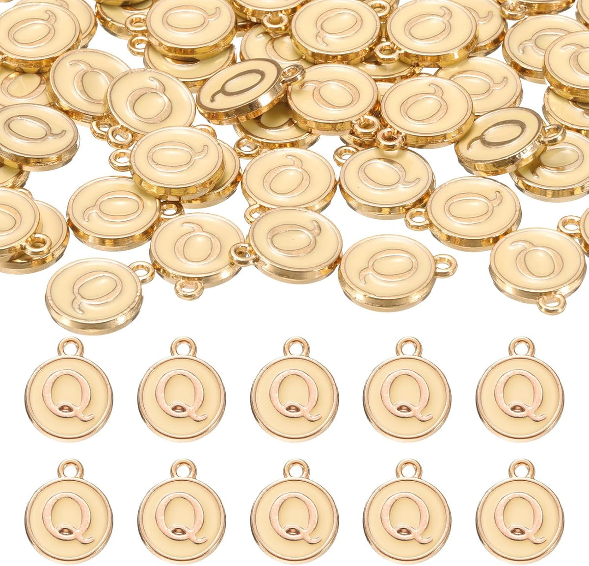LinkMejor 52pcs Letter Charm, Enamel Letter Pendants, Alphabet Q Pendants Double Sided Beads Charm for DIY Bracelet Necklace Pendants Earring Jewelry, Champagne Gold