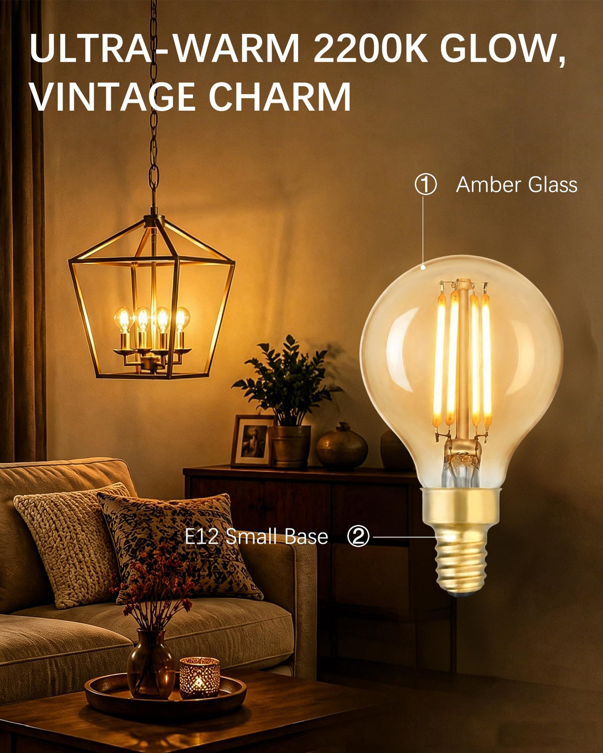 Amber Globe Chandelier LED Bulbs, Dimmable E12 Candelabra 60 Watt 6 Pack