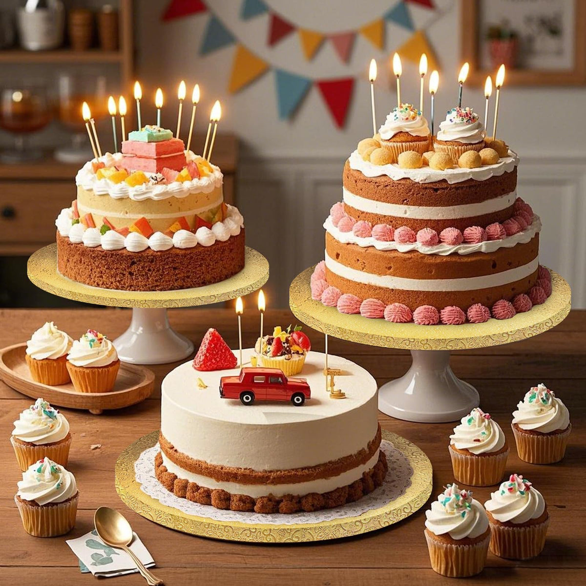 10 PCS Cake Boards 10 Inch Round, 10 Inch Cake Drums, 1/2" Thick Cake Drum, Cake Board Food Grade Cake Base, Gold Cake Cardboard Circles Bases para Pasteles for Wedding & Party & Pizza Desserts