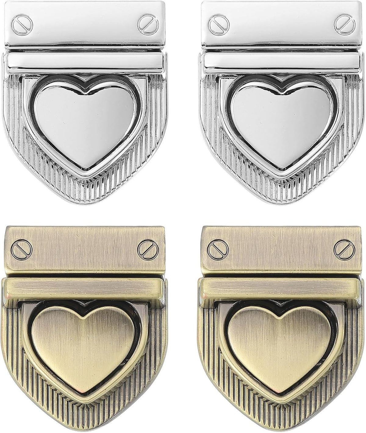 LinkMejor 4Set Turn Lock Clasp Kit, Heart Press Lock Clasp Closure Twist Turn Locks Hardware Buckle Fasteners for Purse Leather Making (28x32mm, Silver, Bronze)