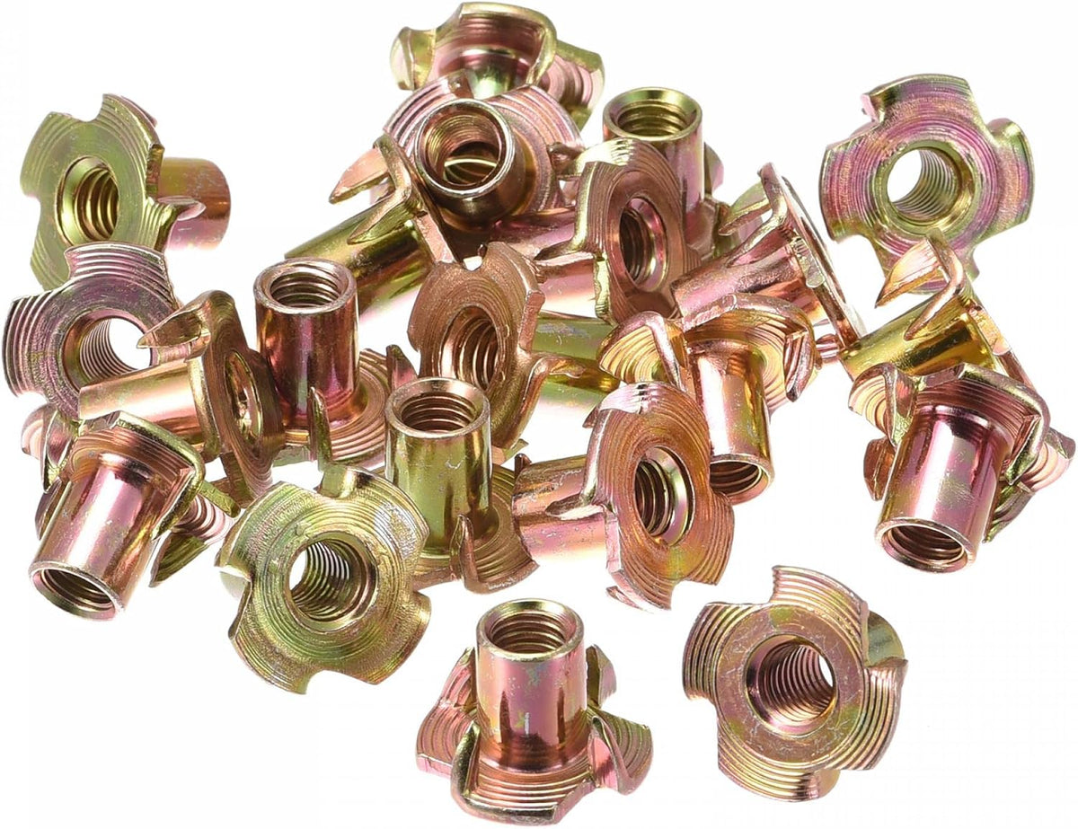 M6x12mm T-Nuts 4 Pronged Tee Nut Carbon Steel Threaded Inserts for Wood 48pcs
