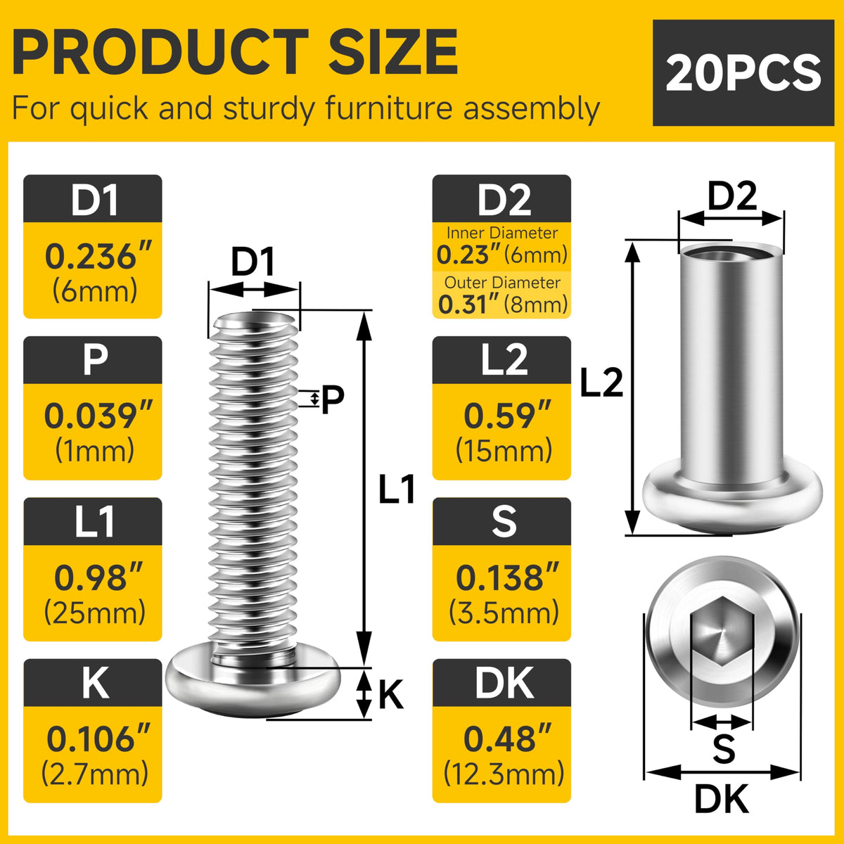 LinkMejor 10Sets M6 x 25mm Flat Head Hex Socket Cap Screws Bolts and Barrel Nuts Kit, 304 Stainless Steel Furniture Connector Bolts, Metric M6 Countersunk Binding Screws for Crib Cabinet with Hex