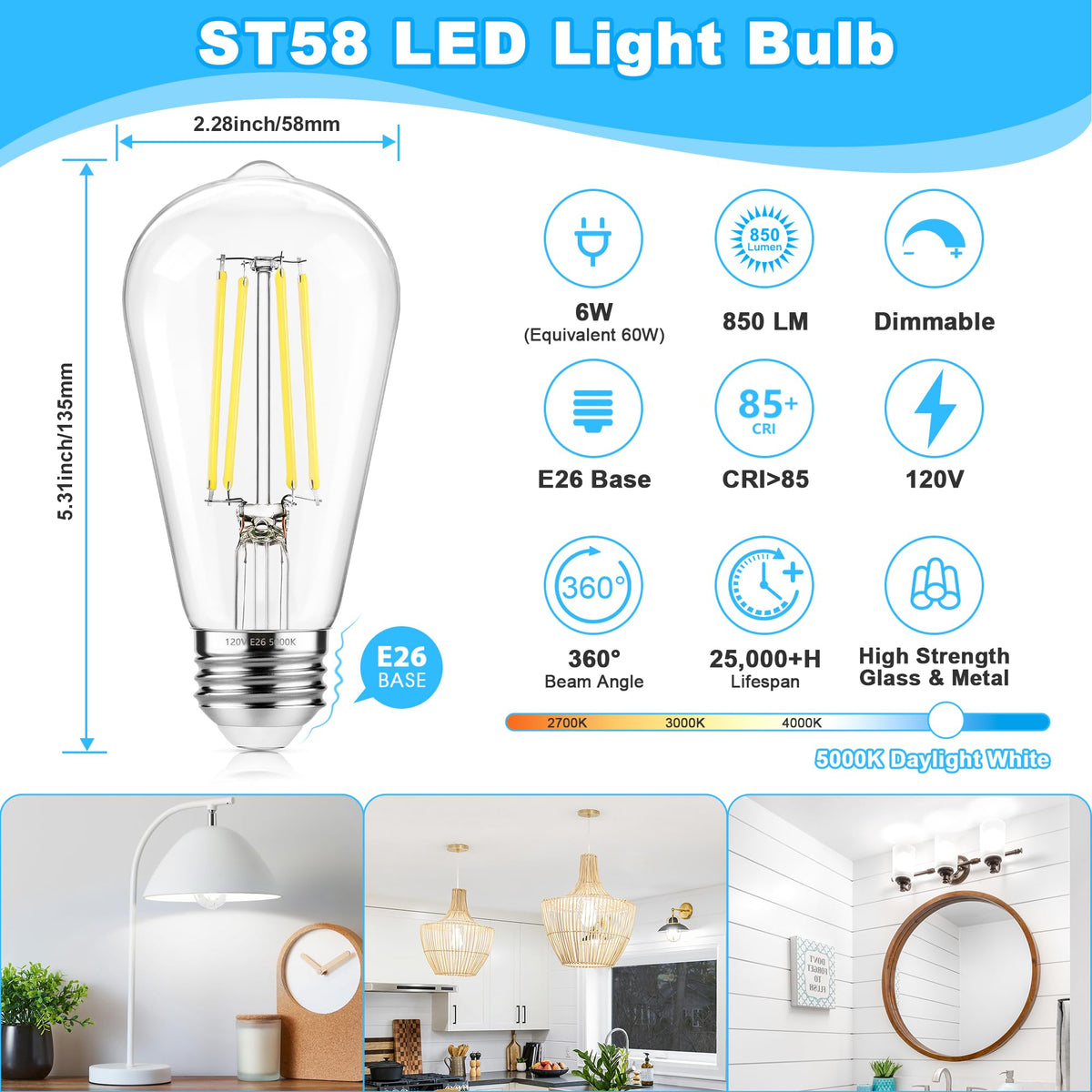 LinkMejor Lumină LED Edison Vintage Reglabilă 5000K Alb de Zi 60W Echivalent