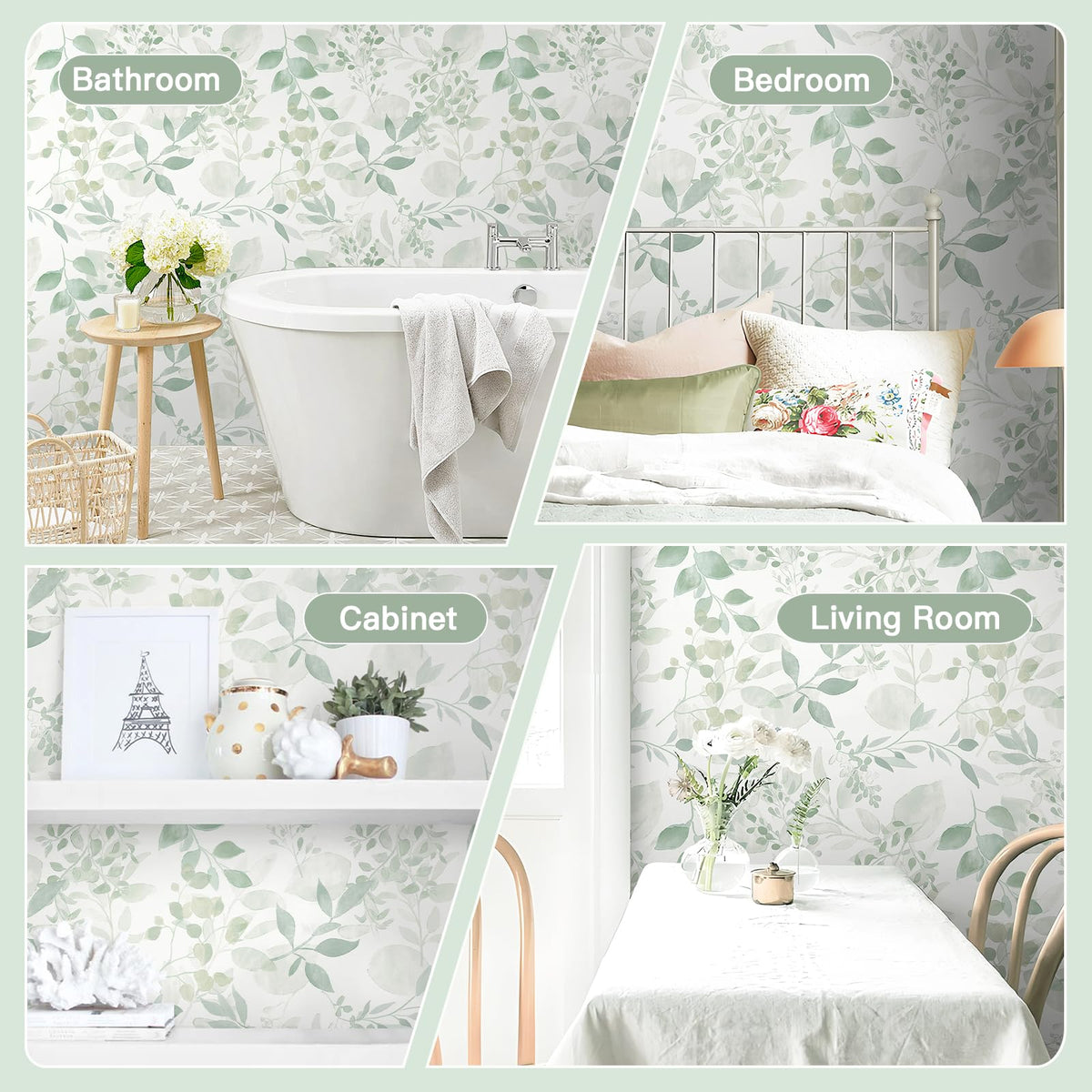 LinkMejor Verde Chiaro Foglia Tappezzeria Strappare e Incollare Carta da Parete Moderna Boho Contatto 78.7" x 17.3" Carta da Parete Autoadesiva Rimovibile per Camera da Letto Bagno Rotoli di Vinile