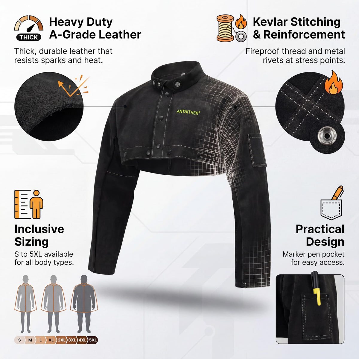 LinkMejor Leather Welding Cape Sleeve, Flame Resistant Welder Jacket 3X