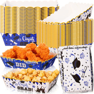 LinkMejor 60 Pcs 2026 Bleu Très Graduation Papier Assiettes Alimentaires Jetables Congrats Grad Supporteur Alimentaire Nachos Hot Dogs Popcorn Snacks Boîtes de Service pour Décorations Fêtes de Diplômés Fournitures