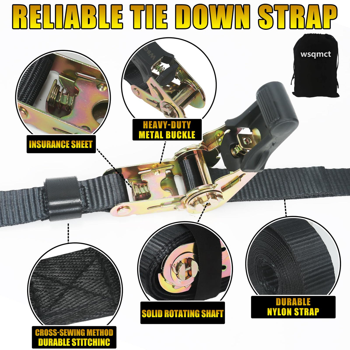 2 Pack Ratchet Straps Heavy Duty Tie-Downs Securing Straps, 1" x 5', Black