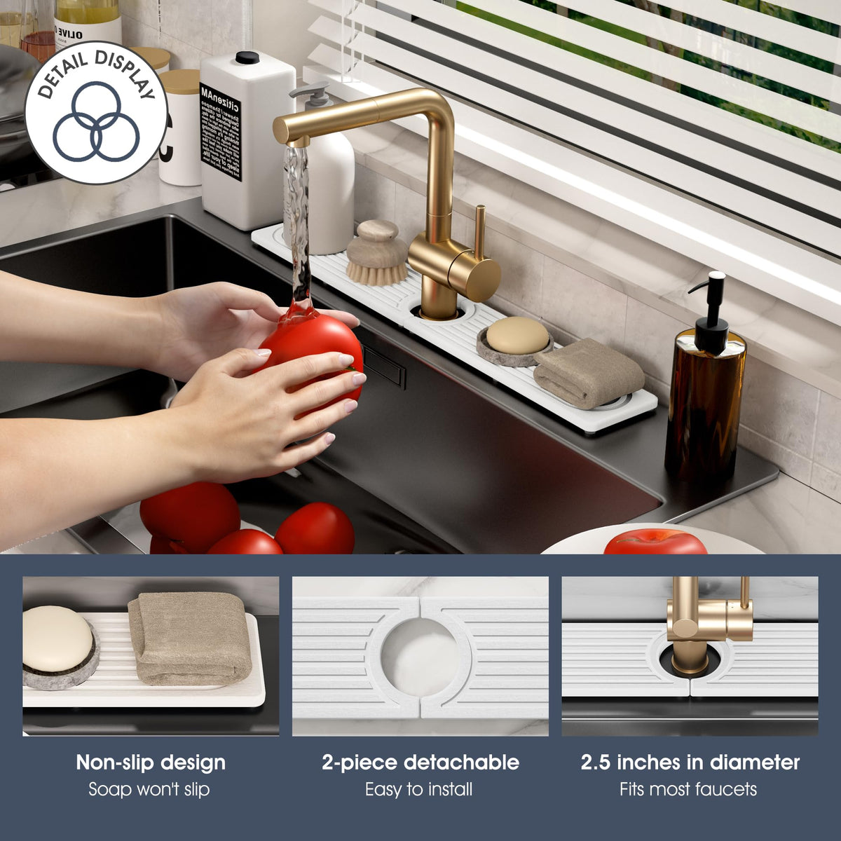 Quick Drying Stone Faucet Mat for Kitchen Sink - Diatomite Sink Mat Absorbing Stone Tray for Bathroom Counter, Sink Faucet Splash Guard Water Protector Matt for Kitchen Counter(White, 14" x 3.9")