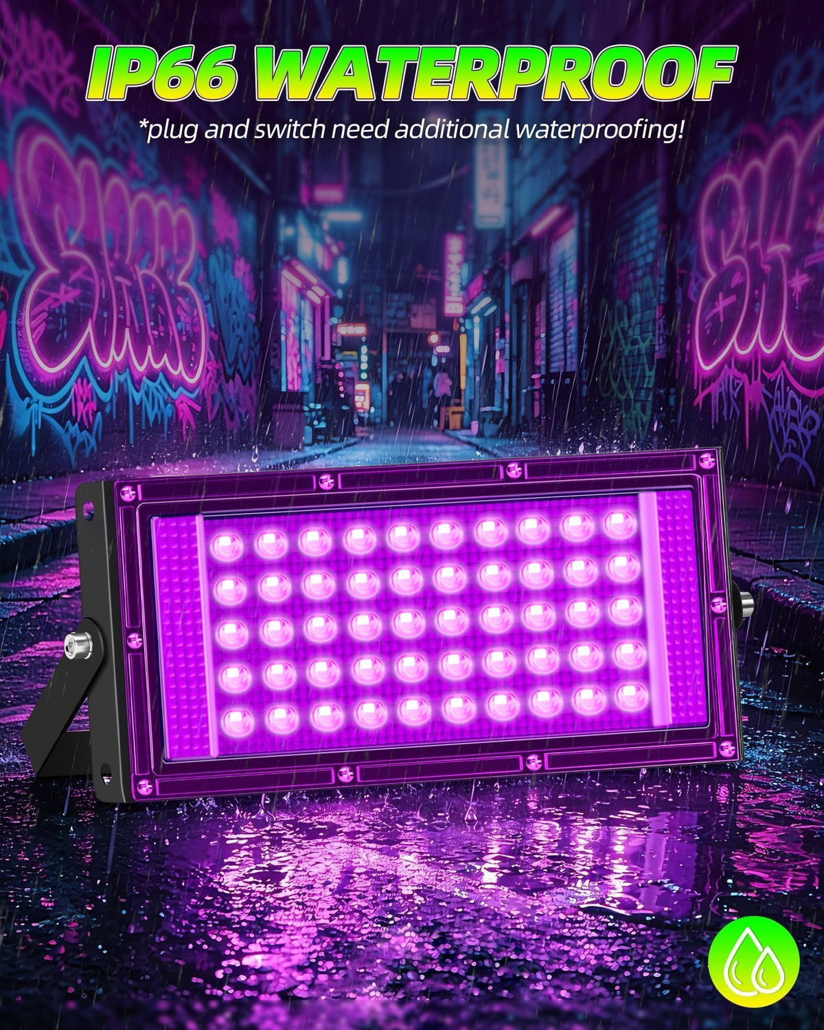 LinkMejor 2 Pack 50W Black Light with Switch Plug, IP66 Waterproof Outdoor