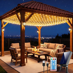 LinkMejor Solar Net Lights, 10x10ft 280LED Gazebo Net Lights Outdoor with 8 Modes, Solar & USB Powered Waterproof String Lights Clear Wire, Chandelier for Pergolas, Patio, Bush, Backyard Decor Warm