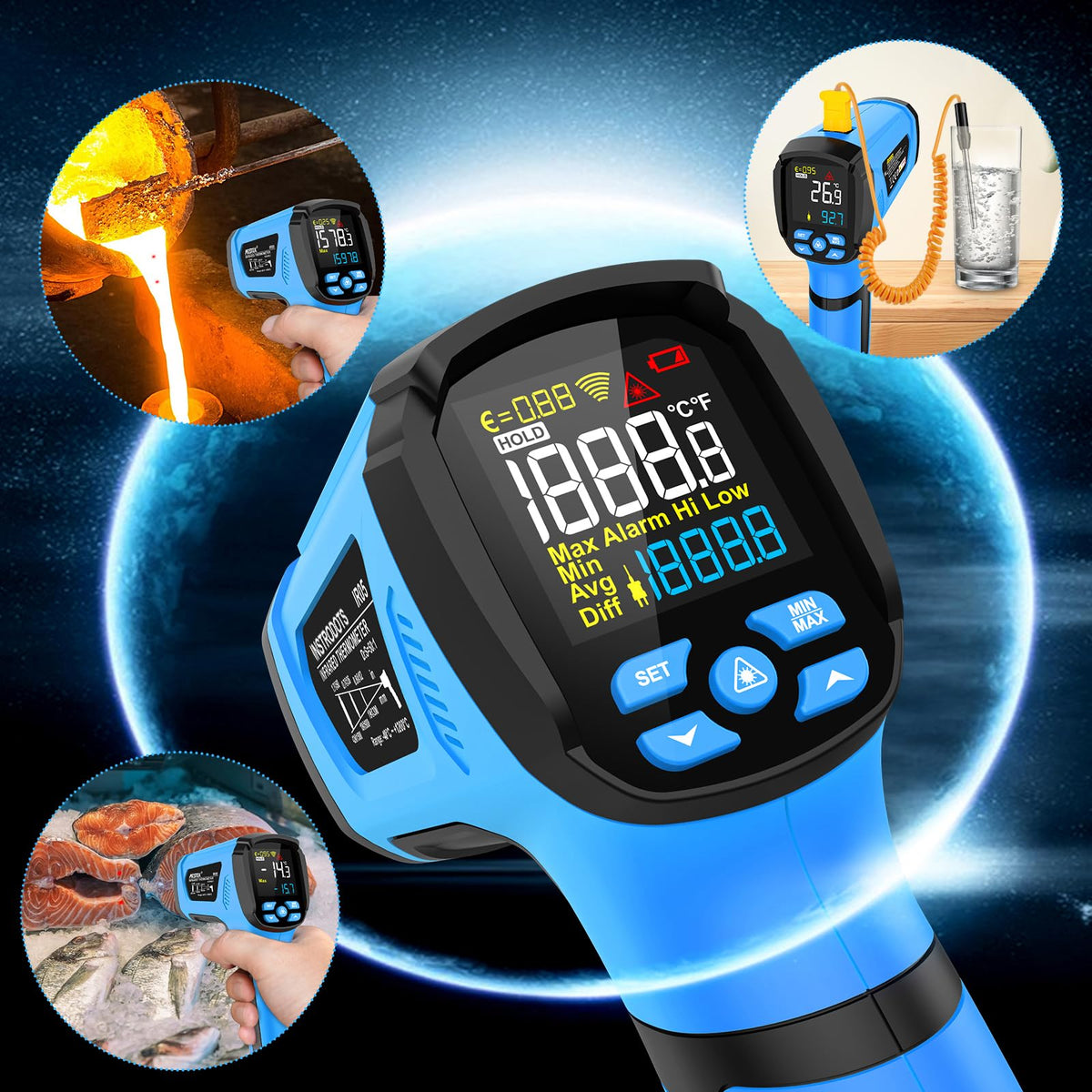 LinkMejor Termometro Infrarosso a Temperatura, -40℉ a 2192℉ Termometro a Laser Dual con Display a Schermo a Colori LCD, Pyrometro Industriale Senza Contatto con Rapporto di Distanza 50:1, Emissività Regolabile