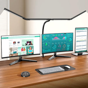 LinkMejor lampes de bureau LED pour le bureau à domicile - Lampe architecte pour les yeux avec clip, lumière de bureau double tête pour ordinateur avec télécommande : lampe de bureau flexible réglable de 24W pour table