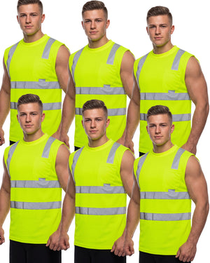LinkMejor 6 Pcs Camiseta Sem Mangas Refletiva de Segurança para Homens, Top de Visibilidade Alta, Camiseta de Construção com Bolso (X-Large, Amarelo)