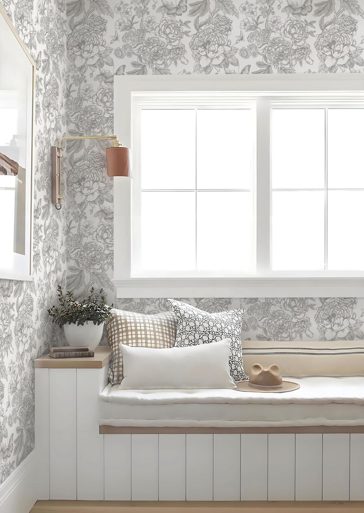 LinkMejor Floral Peel and Stick Wallpaper Grey and White Contact Paper Boho Removable Self Adhesive Wallpaper for Bedroom Bathroom 17.3''×393.7''