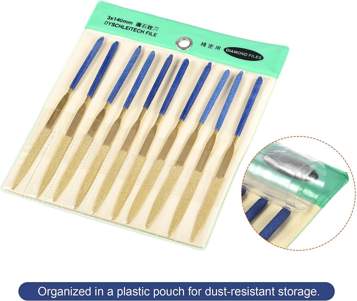 Diamond Nadelfeile-Set 3mm x 140mm, Flachspitzenfeile Titanbeschichtete Werkzeuge für Metall Holz Stein Glas, 10 Stk