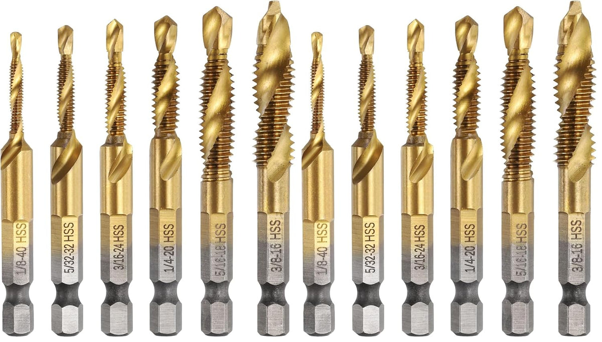 6pcs Combination Drill Tap Bit Set 1/8-40 BSW to 3/8-16 BSW High-Speed Steel 1/4" Hex Shank Titanium Coated Screw Threading Drilling Tapping Tool Kit (Pack of 2)