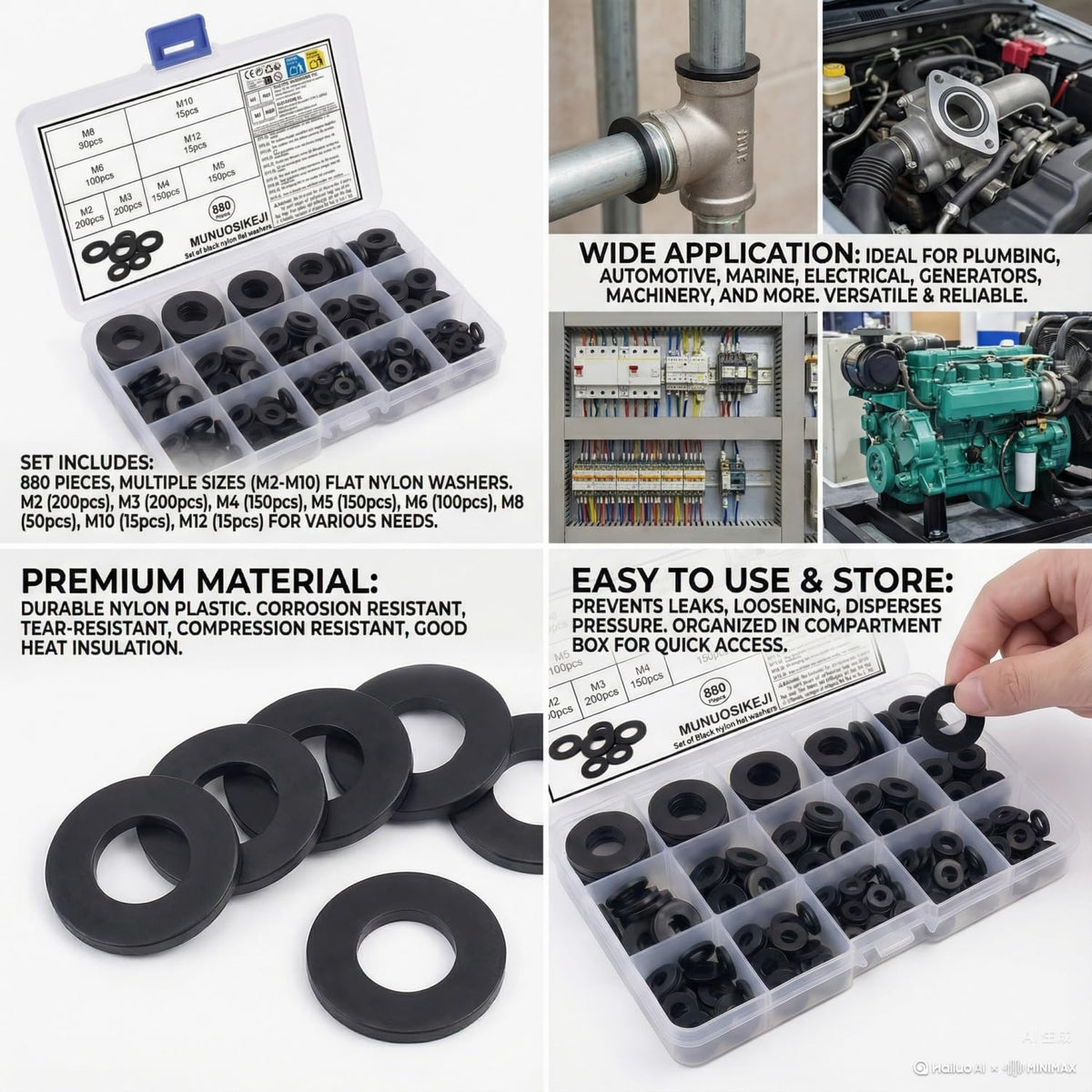 LinkMejor 880 Pcs Inel Pliscat din Nylon Set de Asortiment