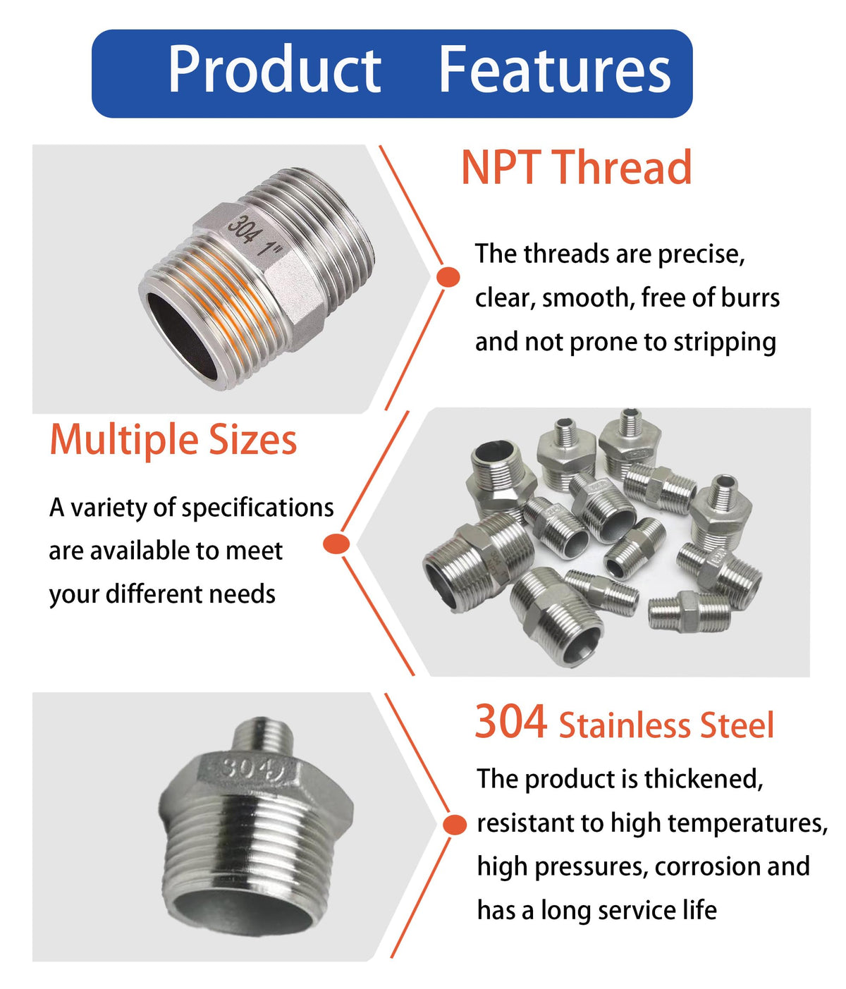 LinkMejor 3/4" Male x 1/4" Male NPT Threaded Reducing Hex Nipple， 304 Stainless Steel Reducing Pipe Fitting Nipple Adapter With Teflon Plumbers Tape (Pack of 2)