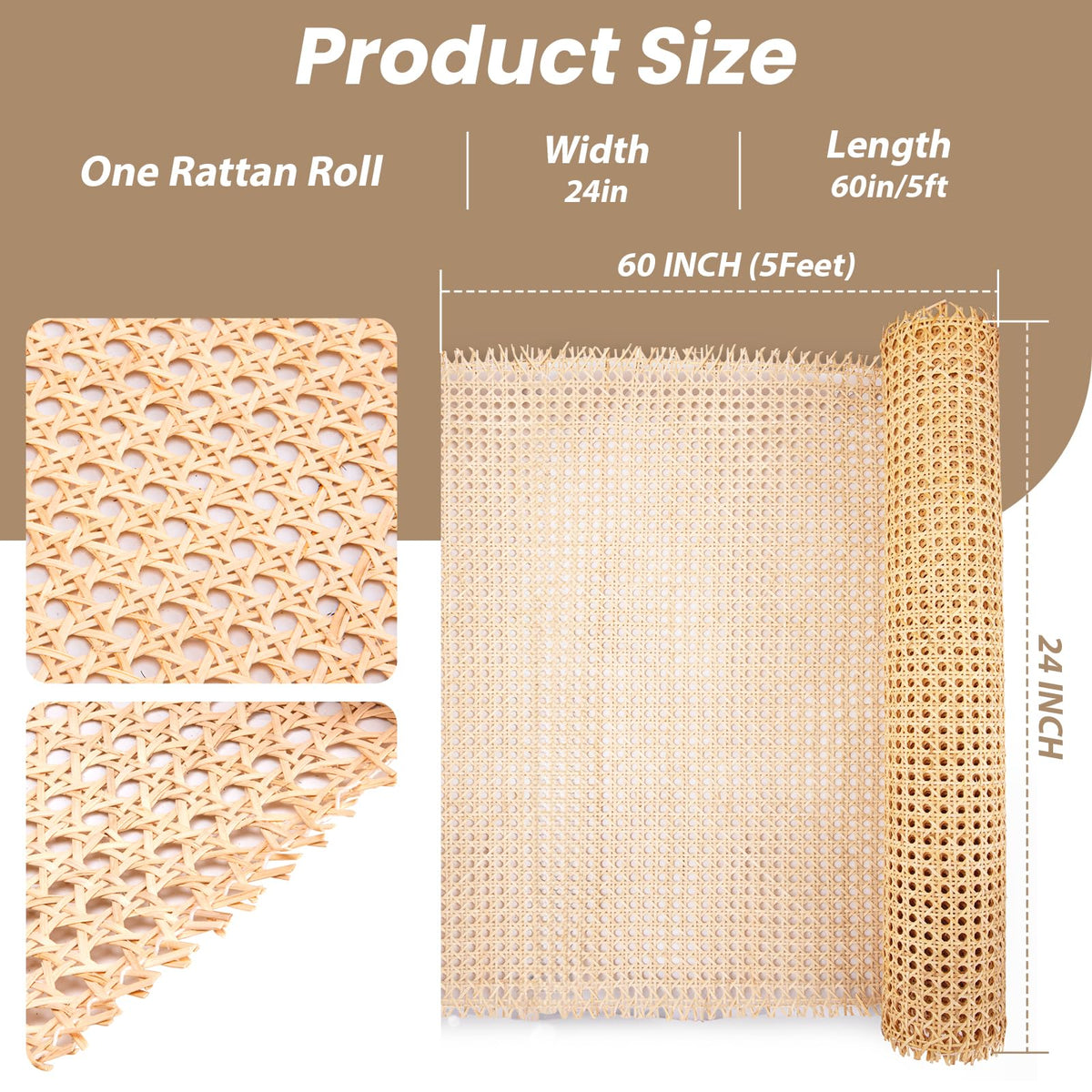 LinkMejor Rattan Cane Webbing Roll 24x60 Inch