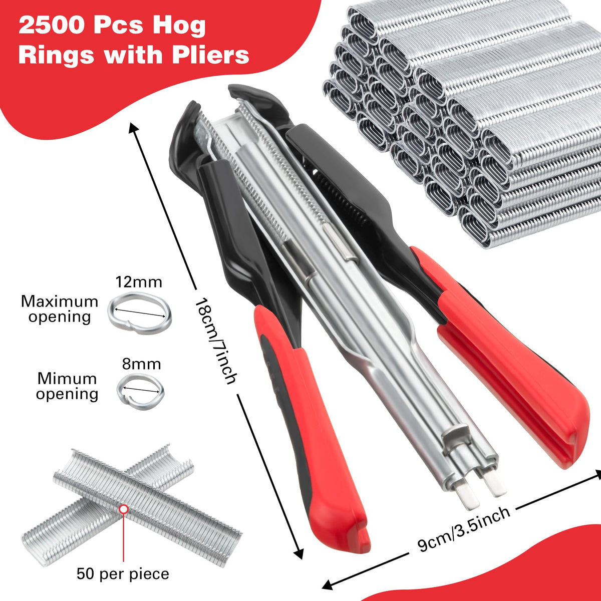 LinkMejor 2500 Unids C Clips Hog Ring Pliers Kit, 3/4" Hog Ring Nail