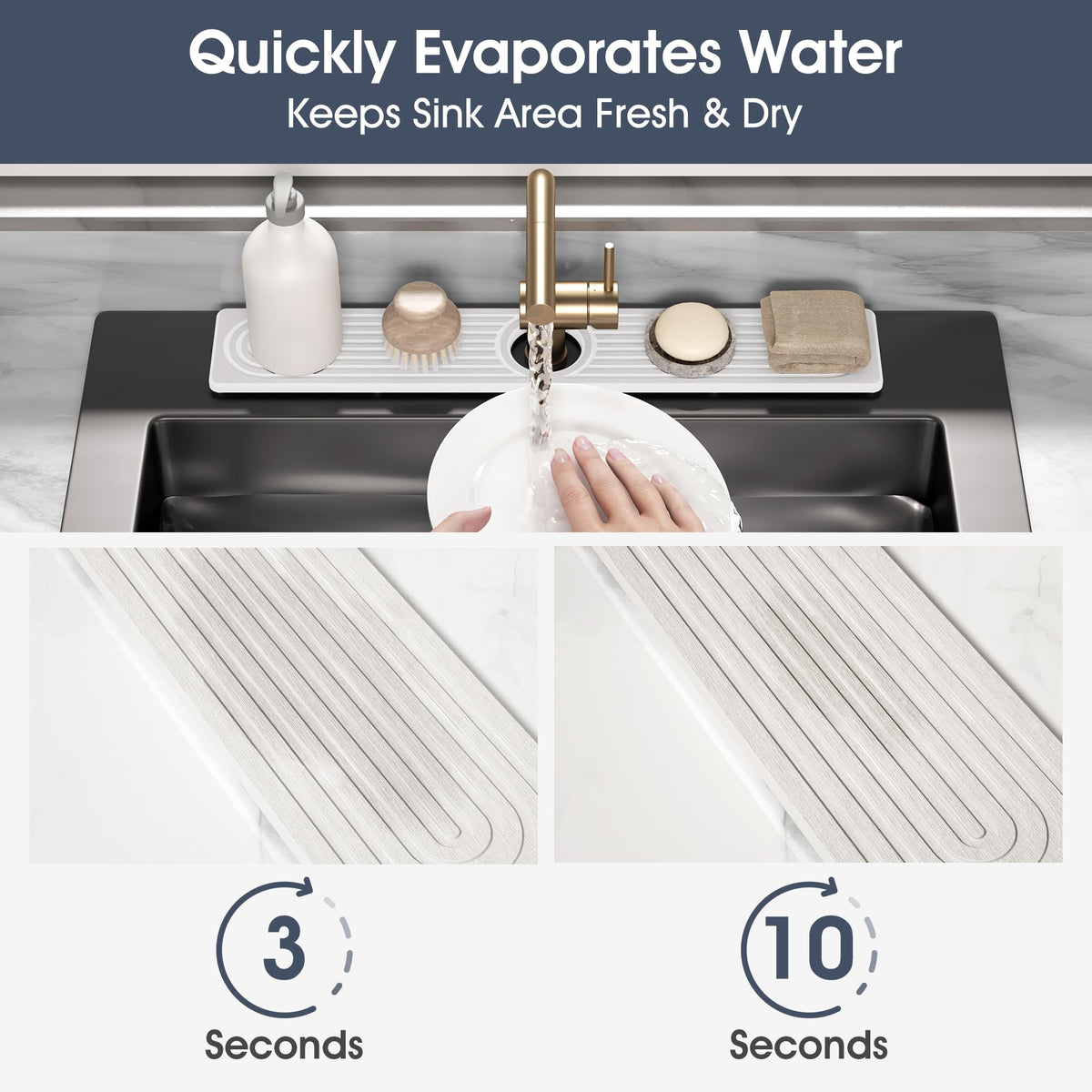 Quick Drying Stone Faucet Mat for Kitchen Sink - Diatomite Sink Mat Absorbing Stone Tray for Bathroom Counter, Sink Faucet Splash Guard Water Protector Matt for Kitchen Counter(White, 14" x 3.9")