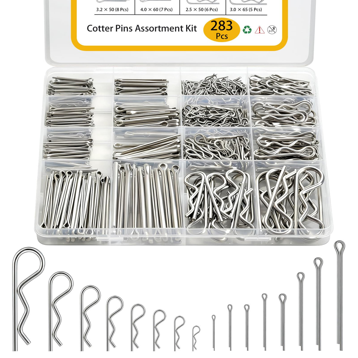 LinkMejor Cotter Pin Assortment Kit 283 Pcs, 304 Stainless Steel 16 Sizes Cotter Pins Hairpin R Clips for Hitch Pin, Hardware Pins for Automotive Trailer Lawnmower Repairs