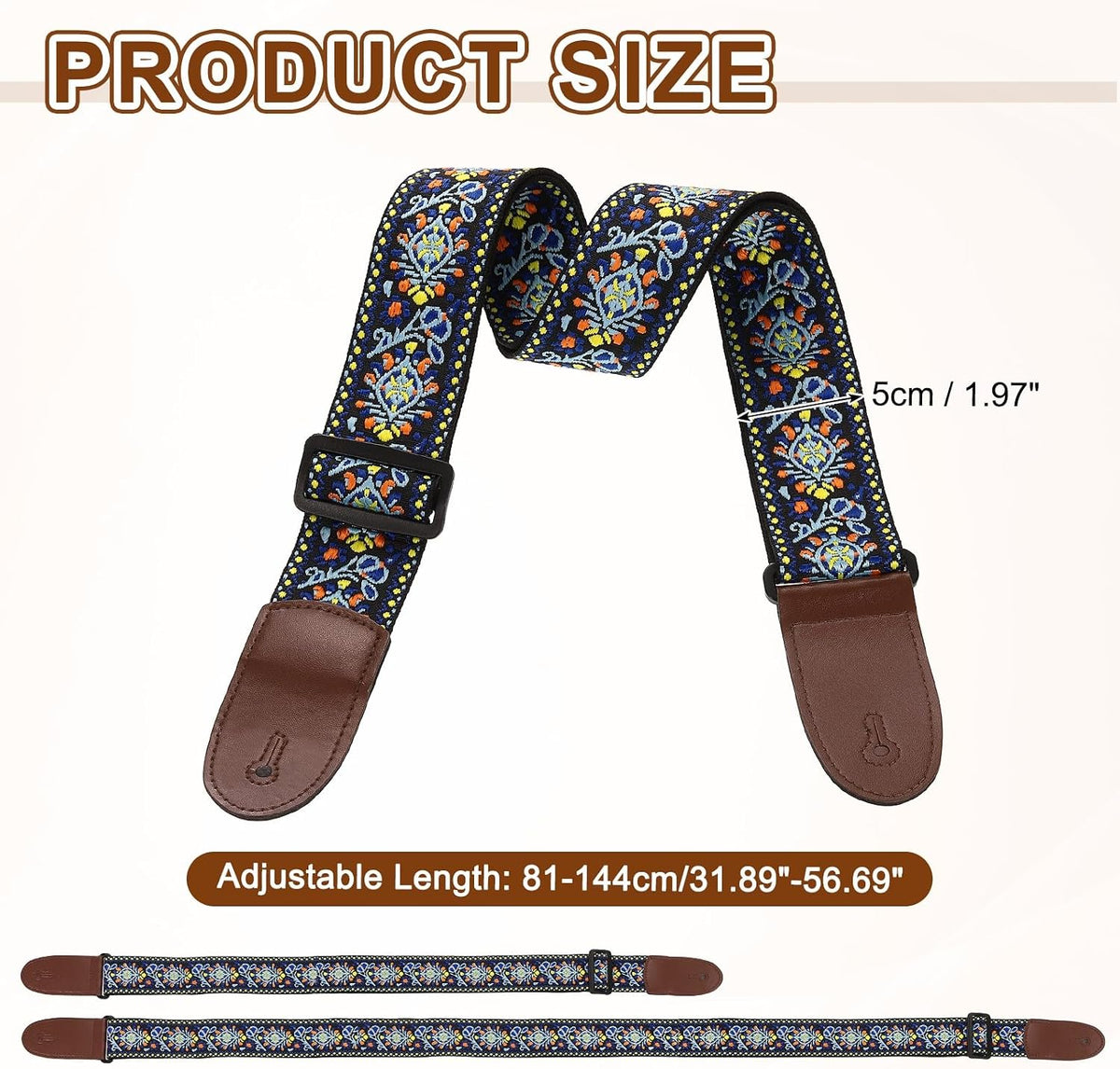 Ceinture de guitare, largeur de 2 pouces, ceinture ajustable en cuir avec boucle en plastique noir, pour guitare acoustique, électrique, basse, en toile de coton avec finitions en cuir, vintage brodée, Blue