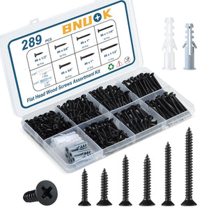 Kit d'écrous en bois LinkMejor, 289PCS Écrous plats en bois de haute dureté, Écrous variés, Embout cruciforme, Revêtement Dacromet noir, 7 tailles (1-1/2”,1-1/4”,1”,3/4”,1/2”)