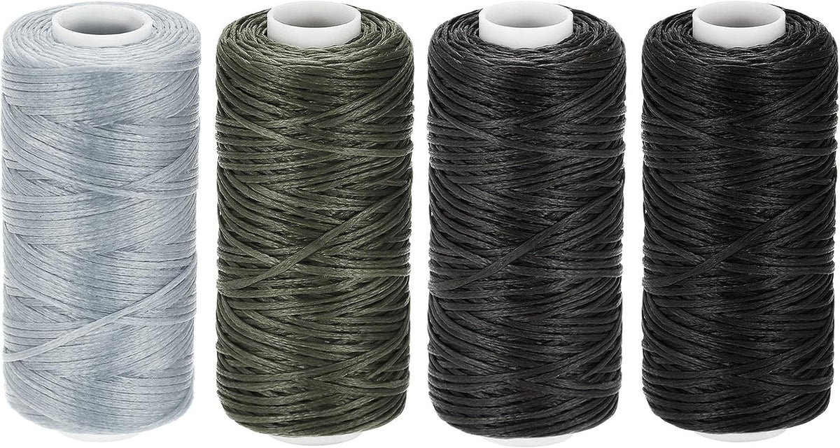 LinkMejor Waxed Leather Thread Set 55 Yards 150D/0.8mm Flat Polyester Cords for Hand Sewing (Various Gray, 4pcs)