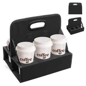 LinkMejor 6-Cup Reusable Foldable Drink Carrier with Handle –Spill-Proof Black Drink Caddy for Delivery, Office & Catering –Sturdy Beverage Organizer with Individual Compartments for Car, Travel &