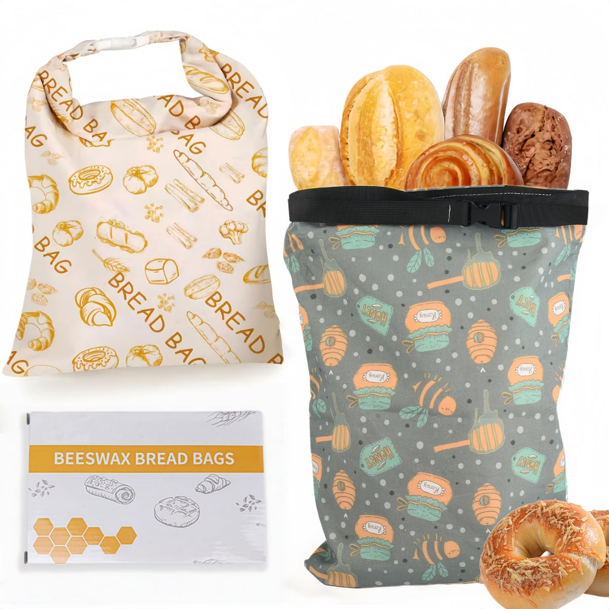 2 Pack XL Beeswax Bread Bags with Zipper Seal – Reusable Cotton Linen Waxed Bread Bags for Homemade Bread, Sourdough Storage, Eco-Friendly Bees Wax Bag Alternative to Plastic (2Pack)