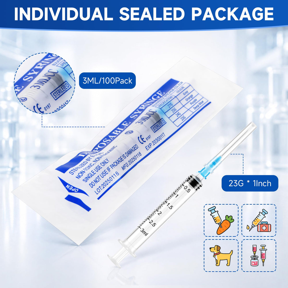 100개 세트 3ml/cc 정밀 측정 도구, 23G x 1인치 (0.64 x 25mm)