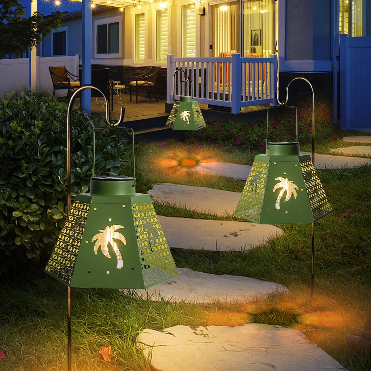 Solar Lanterns Outdoor Waterproof 2 Pack Green Palm Tree Hanging Lights