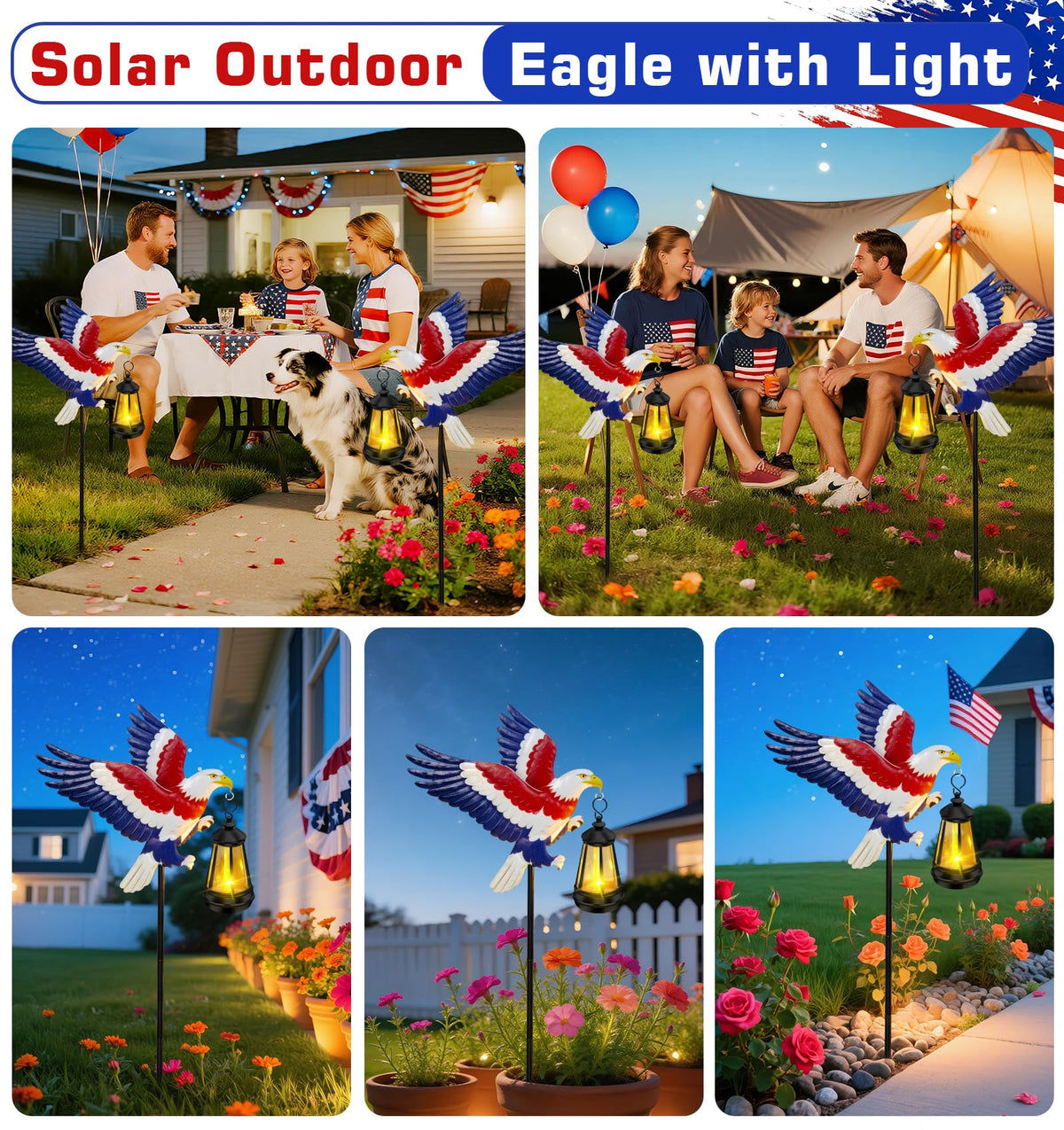 Zonne tuinverlichting Eagle Decor, Patriottische paal met lantaarn, Waterdicht