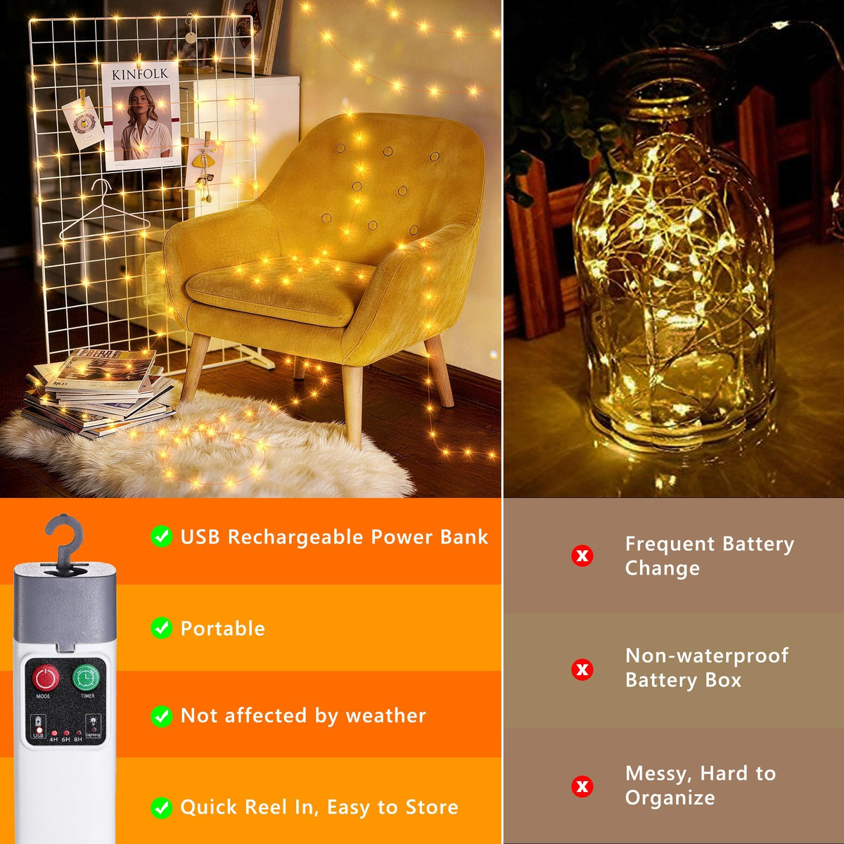 LinkMejor Luminile de Sânziană, 33FT 100LED Luminifer Recargabil, Alb Cald