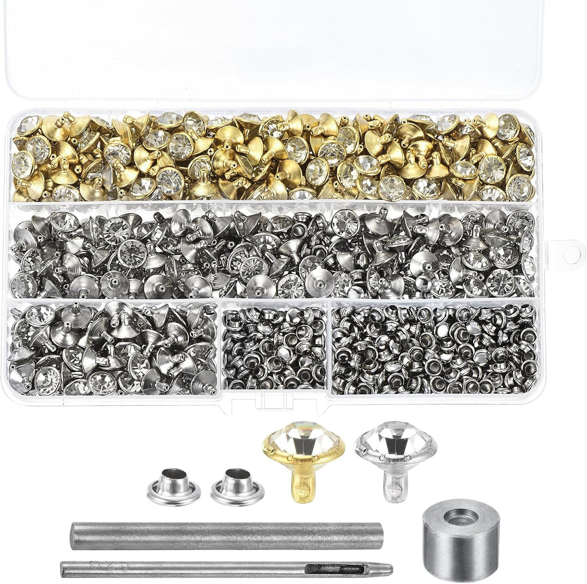 LinkMejor 500 Sets 10mm/0.39" Gold Silver Rhinestone Leathercraft Crystal Double Cap Rivets Studs with Tools for DIY Leather Craft Clothes Bag Belt