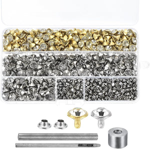 500 Sets 10mm/0.39" Gold Silver Rhinestone Leathercraft Crystal Double Cap Rivets Studs with Tools for DIY Leather Craft Clothes Bag Belt