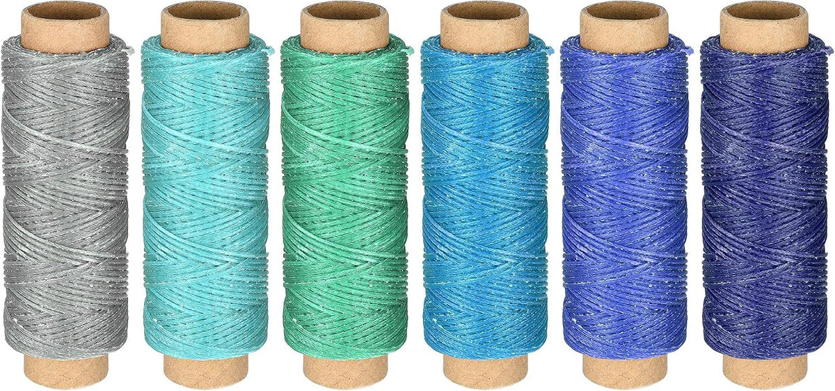 LinkMejor Leather Sewing Thread Set 55 Yards 150D/1mm Polyester Flat Waxed Cord for Hand Stitching Leather Bookbinding, Craft DIY, (Various Blue, 6Pcs)