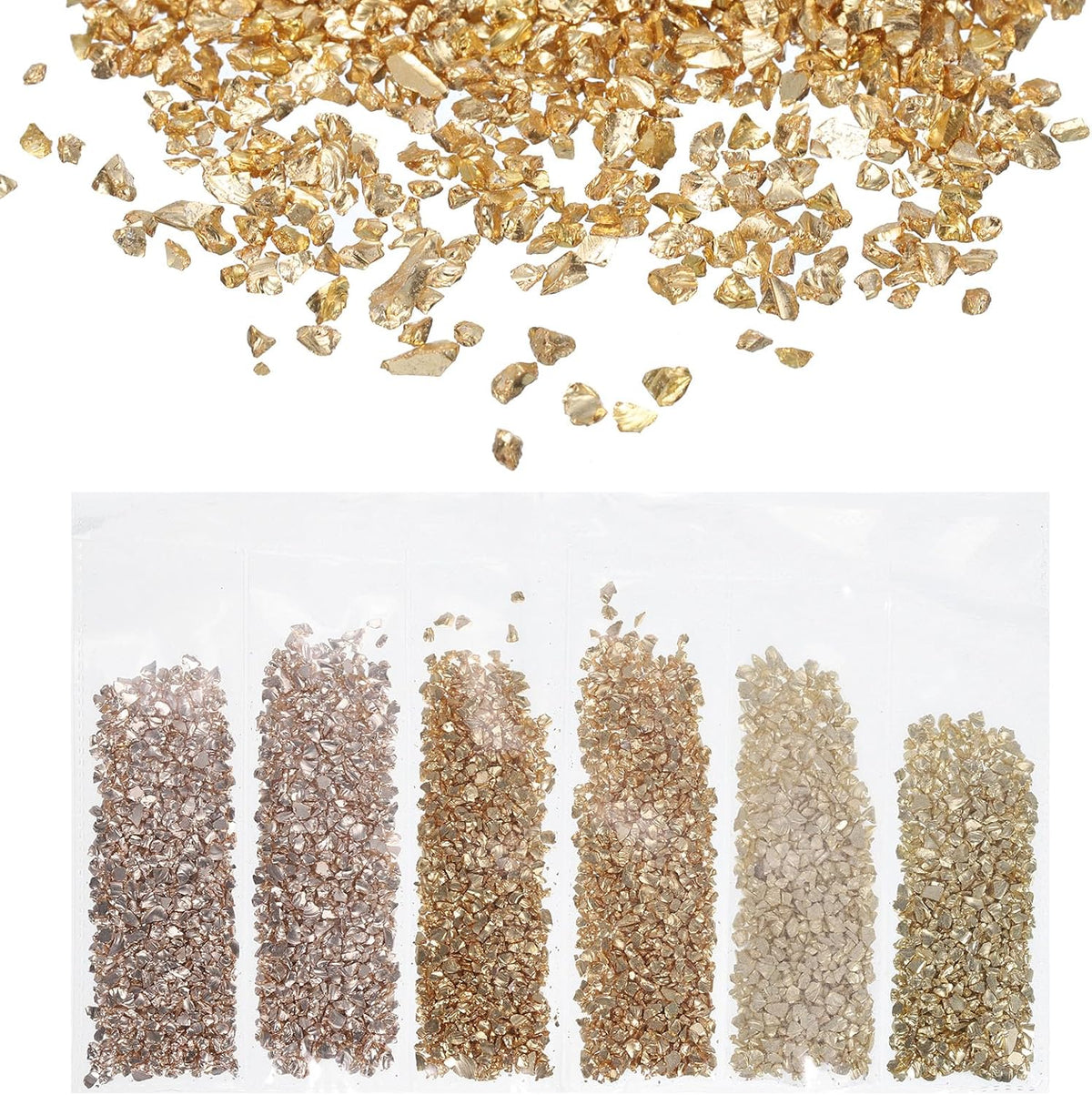 Crushed Glass High Luster Chips 1-3mm 30g Irregular Glass Metallic Crystal Chips for Resin Arts Craft DIY Vase Filler Jewelry Making Decoration, 3 Colors, Golden Color Series