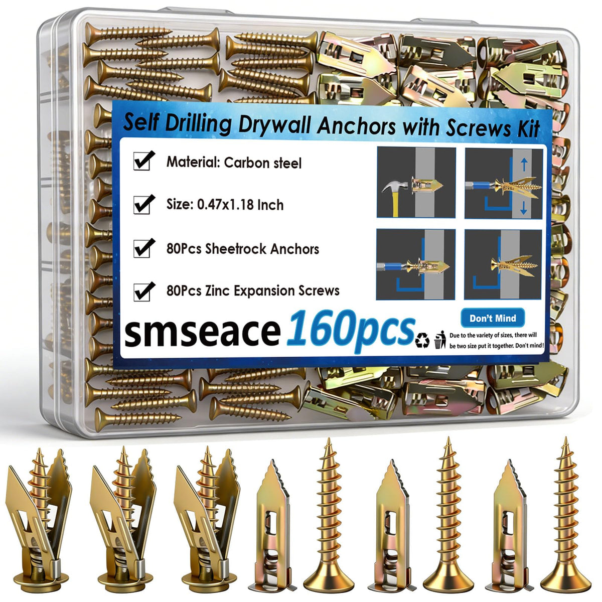 LinkMejor 160Pcs Drywall Anchors with Screws,80Pcs 0.47X1.18inch Heavy Duty Grip Anchors for Wall,80Pcs Expansion Screws for Hanging Picture Frames, Curtains, Plants, Clocks