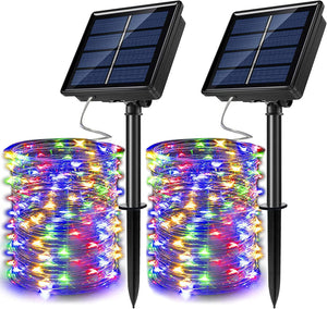 LinkMejor 2 Pack Solar Powered Fairy String Lights Outdoor Waterproof 8 Modes Twinkle Christmas Decorations Lights, Each 33ft-100LED, 40ft-120LED, 66ft-200LED, 80ft-240LED, (Multicolor, 33)