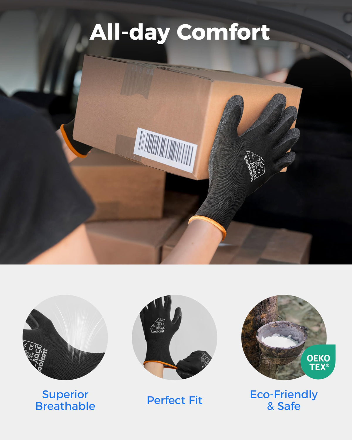 LinkMejor Crinkle Latex Work Gloves, 12 Pairs, Black, Large
