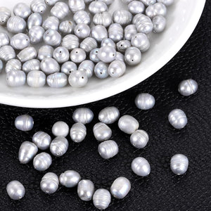 100 Pcs Freshwater Pearl Beads, 7-8mm Oval Rice Shape Loose Gemstone Pearls 0.8mm Hole for Leather Cord Beading Jewelry Making DIY Craft, Gray
